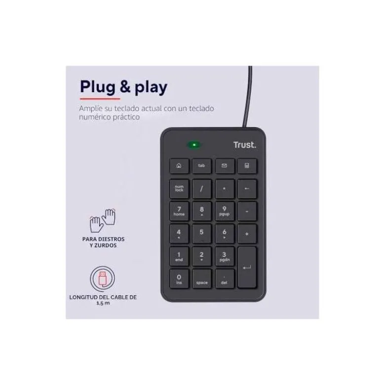 TECLADO NUMERICO TRUST XALAS NUMPAD CON CABLE LONGITUD 145 CM USB 2.0 COLOR NEGRO