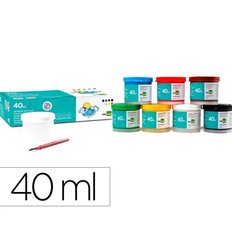Tempera Escolar Liderpapel 7 Colores Surtidos 40ml + pincel